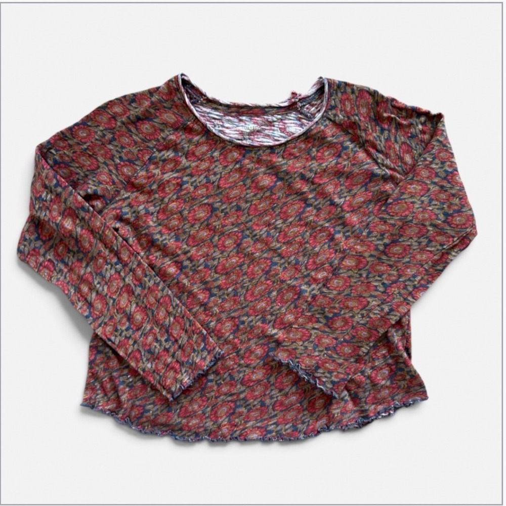 Natural Life Lily Women M Floral Long Sleeve Cotton Slub Lettuce Edge Boho Top